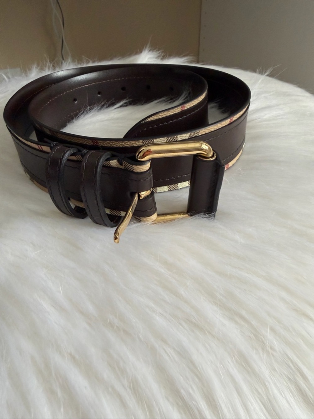 Burberry Dark Brown Leather Belt with Gold Buckle and Check Accent
